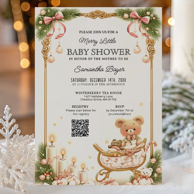 Teddy Bear and Ribbons Christmas Baby Shower  Einladung (Von Creator hochgeladen)
