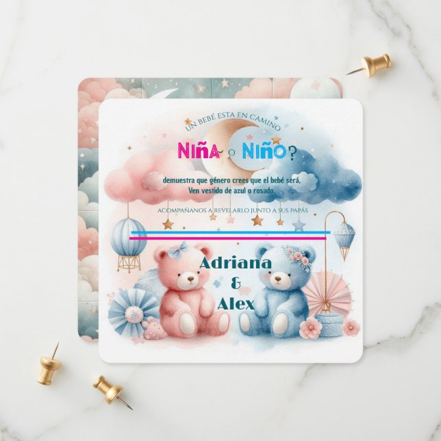 Teddy Bear and Stars Gender Reveal Custom Save The Date (Vorderseite/Rückseite Beispiel)