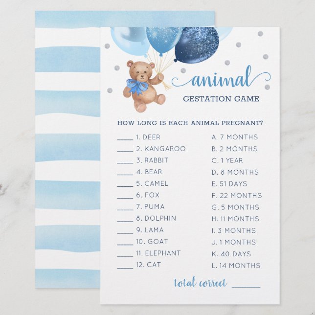 Teddy Bear Animal Gestation Game Baby Shower (Vorne/Hinten)