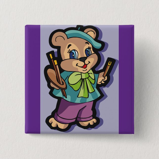 Teddy Bear Artist with Beret and Paint Brushes Button (Vorderseite)