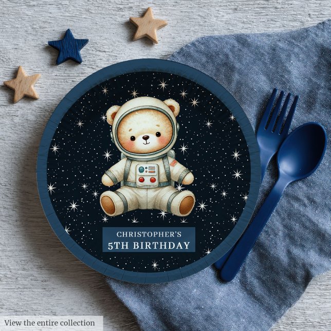 Teddy Bear Astronaut Baby Boy Birthday Paper Plate Pappteller (Teddy Bear Astronaut Baby Boy Birthday Paper Plates)