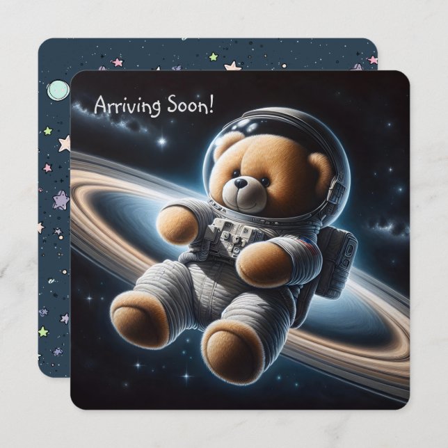 Teddy Bear Astronaut Baby Boy Dusche Einladung (Vorne/Hinten)
