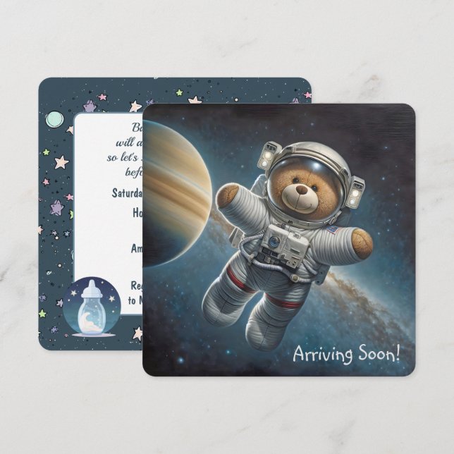Teddy Bear Astronaut Baby Boy Dusche Einladung (Vorne/Hinten)