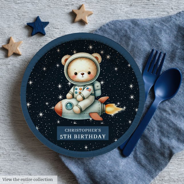 Teddy Bear Astronaut Baby Boy Geburtstag Custom Pappteller (Teddy Bear Astronaut Baby Boy Birthday Custom Paper Plates)