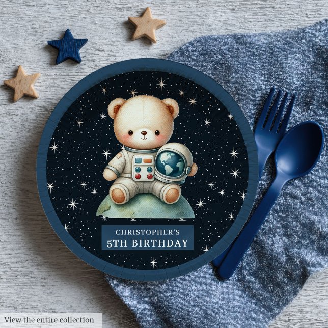 Teddy Bear Astronaut Individuelle Name Baby Shower Pappteller (Teddy Bear Astronaut Custom Name Baby Shower Plates)