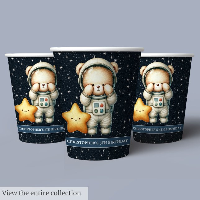 Teddy Bear Astronaut Personalisierter Junge Geburt Pappbecher (Teddy Bear Astronaut Personalized Boy Birthday Paper Cups )