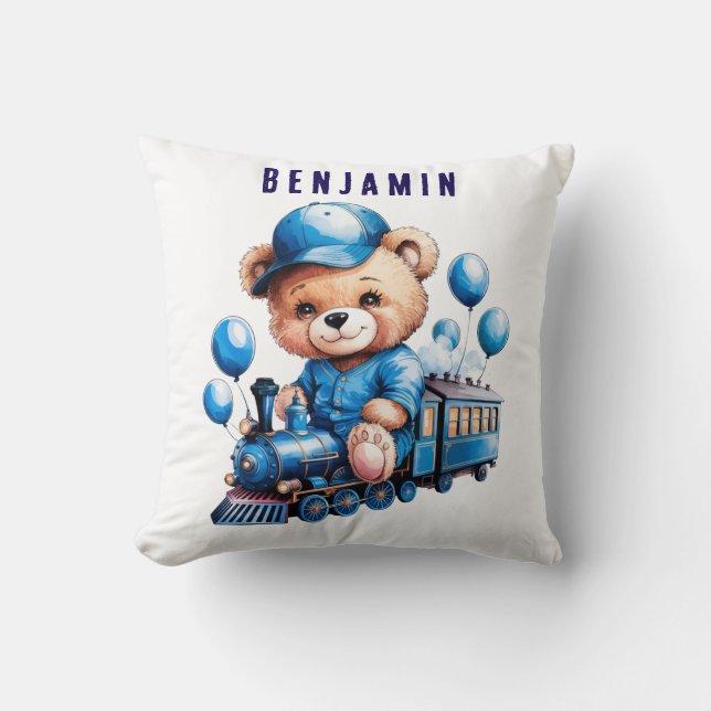 Teddy Bear auf einem Blue Train Boy Baby Geschenk Kissen (Vorderseite)