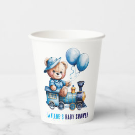 Teddy Bear auf einer Blue Train Boy Baby Dusche Pappbecher