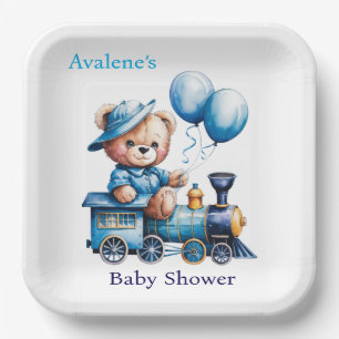 Teddy Bear auf einer Blue Train Boy Baby Dusche Pappteller