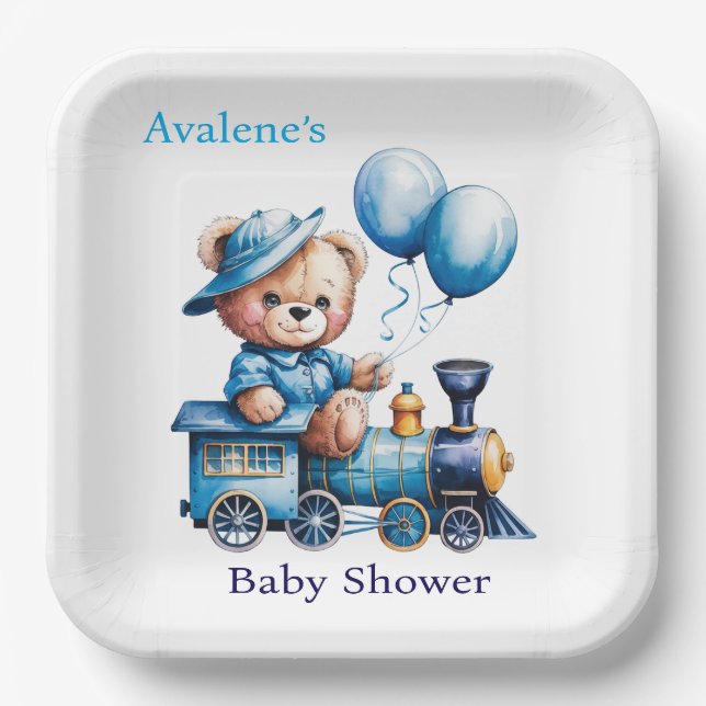 Teddy Bear auf einer Blue Train Boy Baby Dusche Pappteller (Vorderseite)