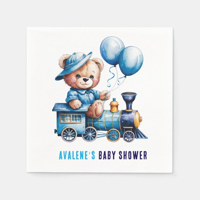 Teddy Bear auf einer Blue Train Boy Baby Dusche Serviette (Vorderseite)