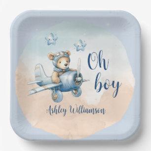 Teddy Bear Aviator Oh Boy Baby Dusche Pappteller