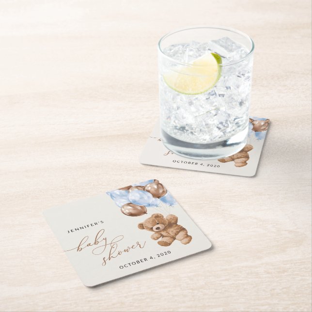 Teddy Bear, Baby Bear, Blue Balloons, Babydusche Rechteckiger Pappuntersetzer (Vor Ort)