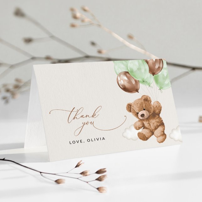 Teddy Bear, Baby Bear, Grüne Balloons, Babydusche Dankeskarte (Von Creator hochgeladen)