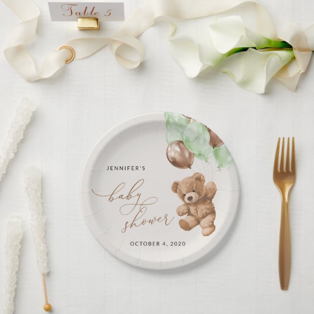 Teddy Bear, Baby Bear, Grüne Balloons, Babydusche Pappteller (Hochzeit)