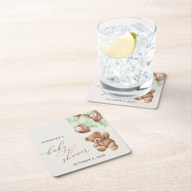 Teddy Bear, Baby Bear, Grüne Balloons, Babydusche Rechteckiger Pappuntersetzer (Vor Ort)