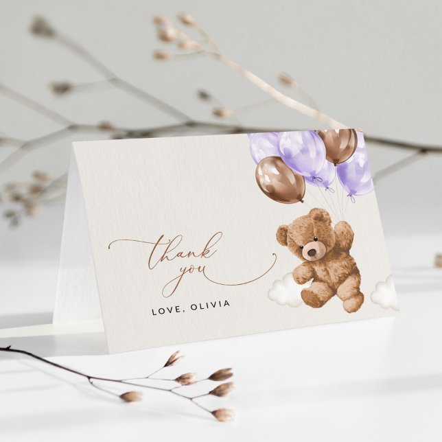 Teddy Bear, Baby Bear, Lila Ballon, Babydusche Dankeskarte (Von Creator hochgeladen)