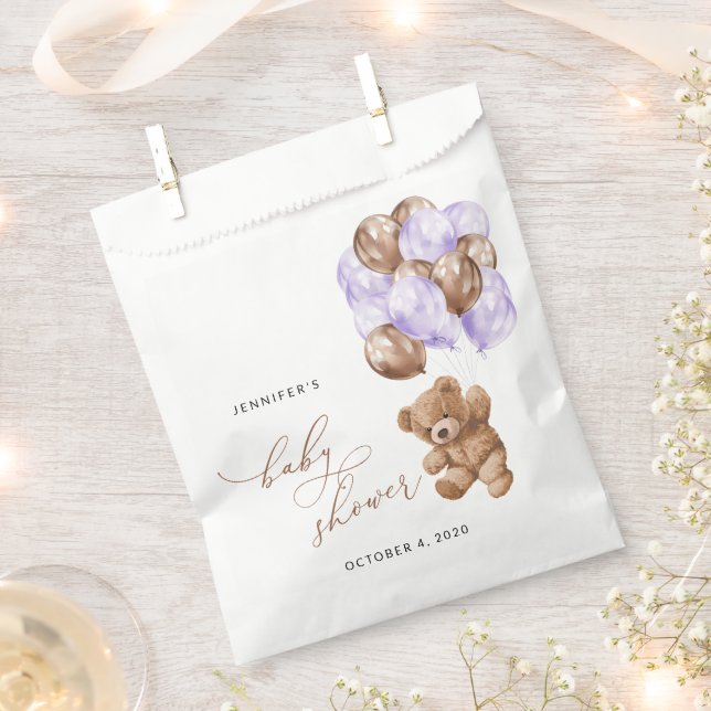 Teddy Bear, Baby Bear, Lila Ballon, Babydusche Geschenktütchen (Ausgeschnitten)