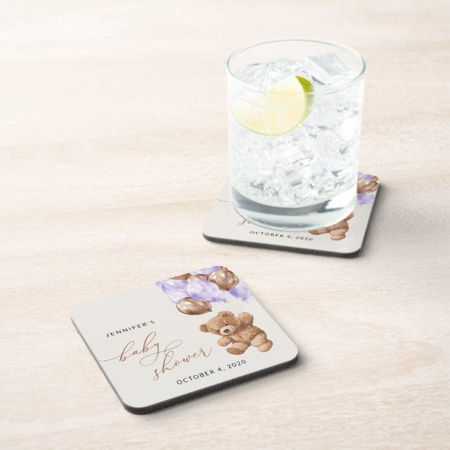 Teddy Bear, Baby Bear, Lila Ballon, Babydusche Getränkeuntersetzer (Rechte Seite)