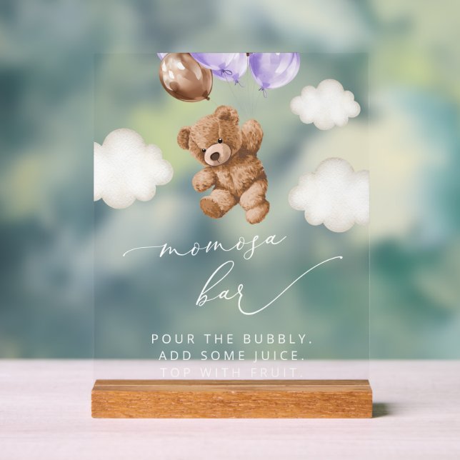 Teddy Bear, Baby Bear, Lila Balloons, Momosa Bar Acrylschild (Neutral)