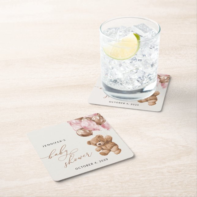 Teddy Bear, Baby Bear, Pink Balloons, Baby Shower Rechteckiger Pappuntersetzer (Vor Ort)