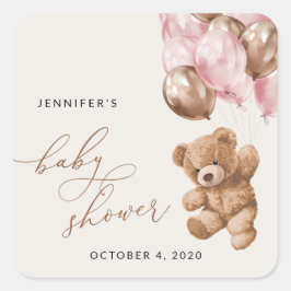 Teddy Bear, Baby Bear, Pink Balloons, Babydusche Quadratischer Aufkleber
