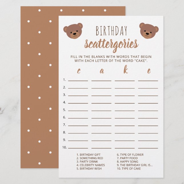 Teddy Bear Baby Birthday Cake Scattergories Game (Vorne/Hinten)