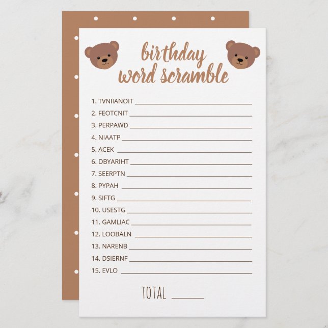 Teddy Bear Baby Birthday Word Scrambe Game (Vorne/Hinten)