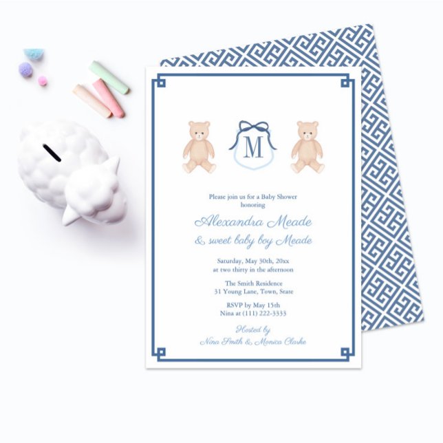 Teddy Bear Baby Boy Shower Classigram Einladung (Preppy blue and white monogram classic teddy bear baby shower invitation)