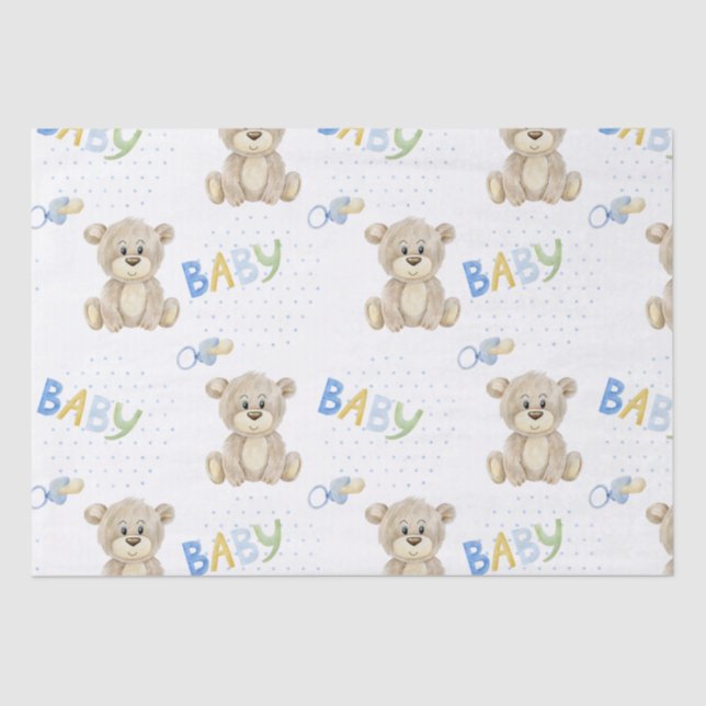Teddy Bear Baby Boy Watercolor Babydusche Seidenpapier (Vorderseite)
