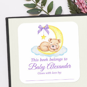 Teddy Bear Baby Dusche Lila Buchzeichen Labels Quadratischer Aufkleber