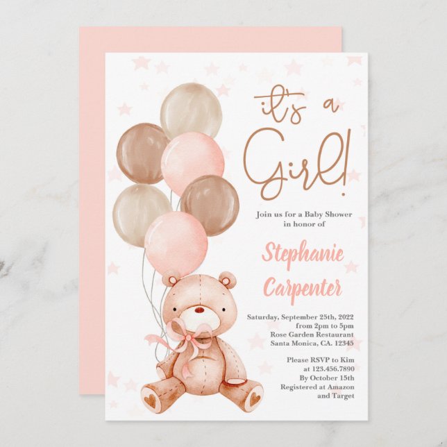 Teddy Bear Baby Dusche Mädchen Einladung (Vorne/Hinten)