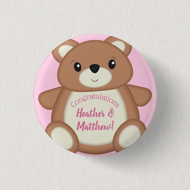 Teddy Bear Baby Dusche Pink Girl Button (Vorderseite)