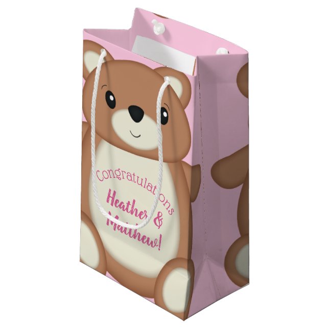 Teddy Bear Baby Dusche Pink Girl Kleine Geschenktüte (Vorderseite Schrägansicht)