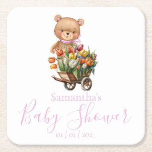 Teddy Bear Baby Dusche rosa rustikale Blüte Rechteckiger Pappuntersetzer