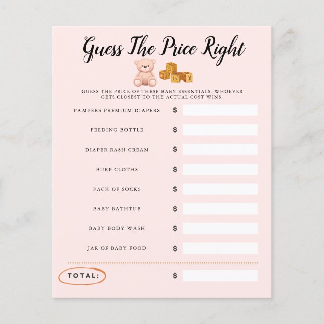 Teddy Bear Baby Dusche Rosa Spiel schätzen den Pre (Vorderseite)