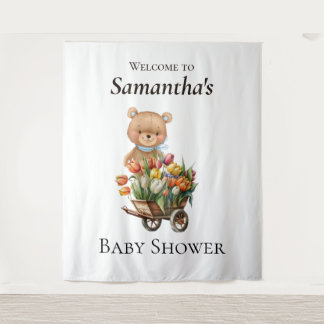 Teddy Bear Baby Dusche Rustikale Flora Hintergrund Wandteppich