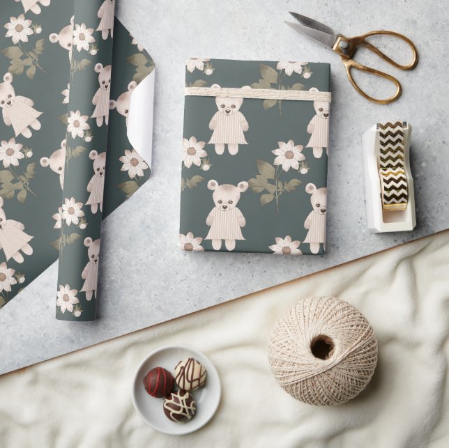 Teddy Bear Baby Girl Floral Baby Dusche Geschenkpapier (Kunsthandwerk)