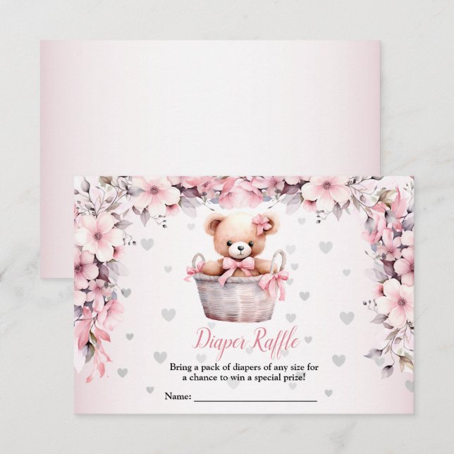 Teddy Bear Baby Girl Pink Blume Babydusche Begleitkarte (Vorne/Hinten)