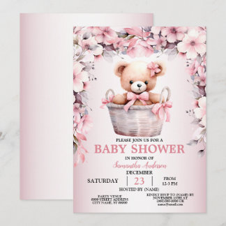 Teddy Bear Baby Girl Pink Blume Babydusche Einladung