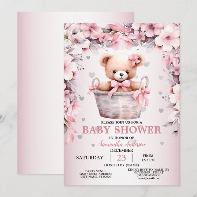 Teddy Bear Baby Girl Pink Blume Babydusche Einladung (Vorne/Hinten)