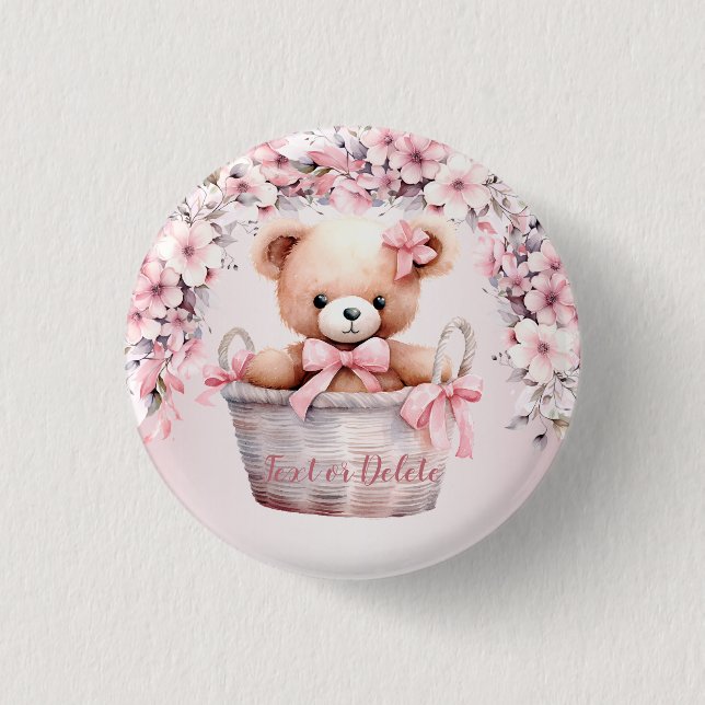 Teddy Bear Baby Girl Pink Blume Party Elegant Button (Vorderseite)