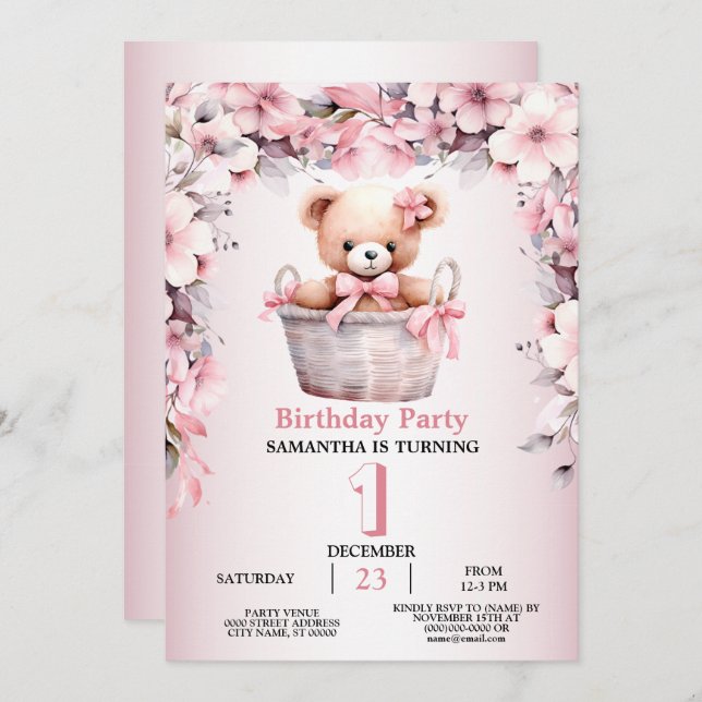 Teddy Bear Baby Girl Pink Blume Party Elegant Einladung (Vorne/Hinten)