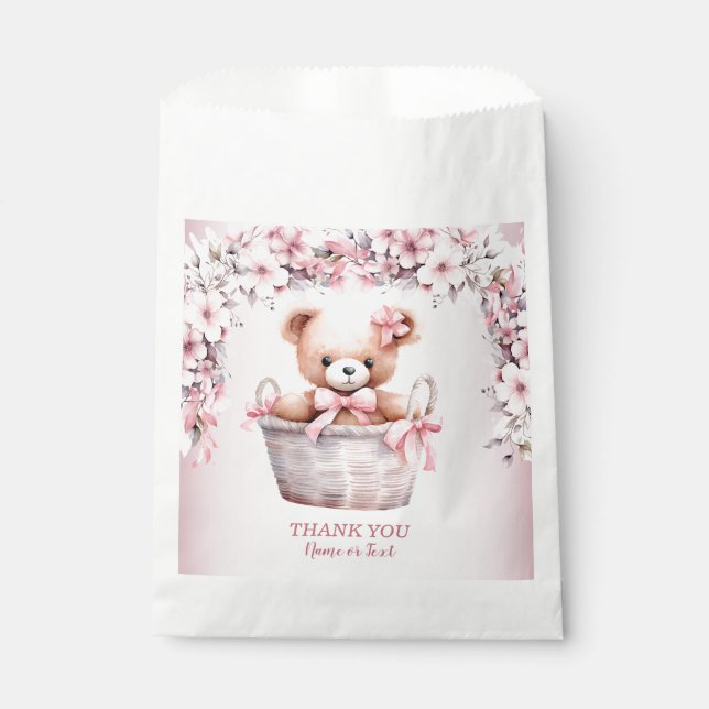 Teddy Bear Baby Girl Pink Blume Party Elegant Geschenktütchen (Vorderseite)