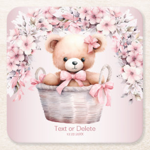 Teddy Bear Baby Girl Pink Blume Party Elegant Rechteckiger Pappuntersetzer