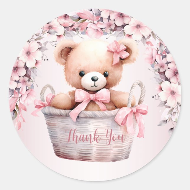 Teddy Bear Baby Girl Pink Blume Party Elegant Runder Aufkleber (Vorderseite)