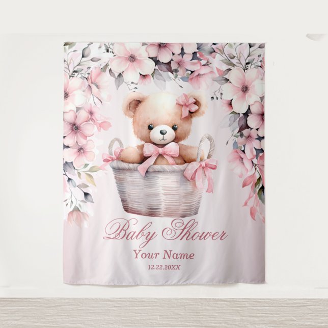 Teddy Bear Baby Girl Pink Blume Party Elegant Wandteppich (Vorderseite)