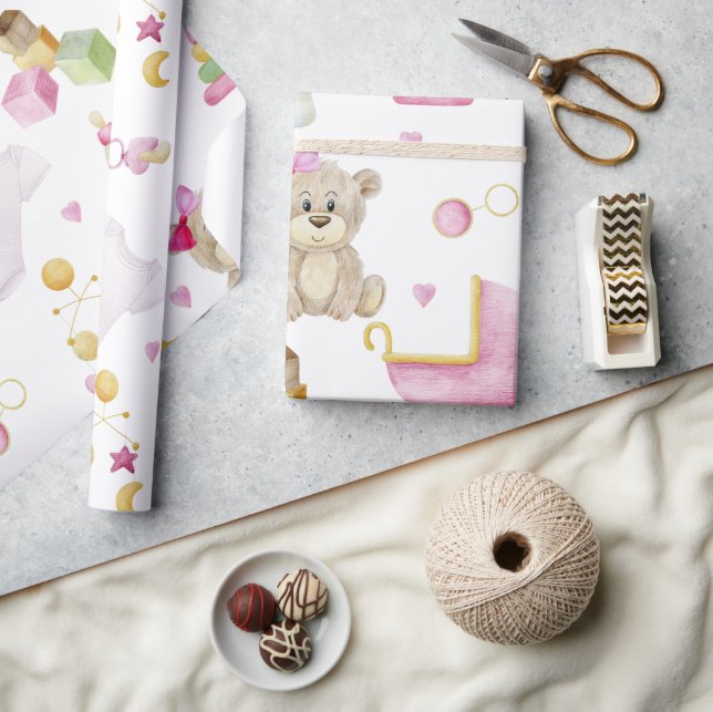 Teddy Bear Baby Girl Pink Watercolor Babydusche Geschenkpapier (Kunsthandwerk)