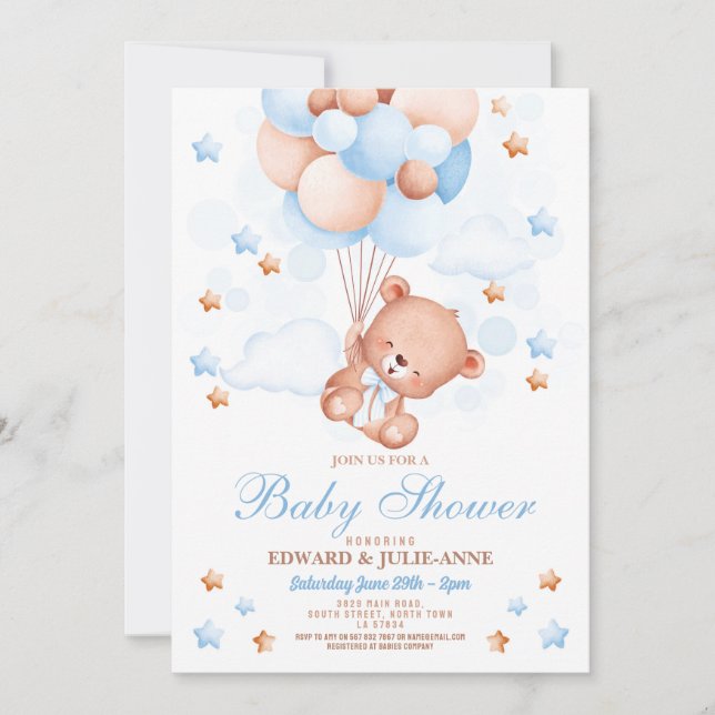 Teddy Bear Baby Shower Boy Blue Party Einladung (Vorderseite)