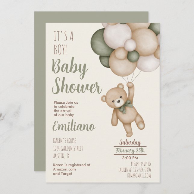 Teddy Bear Baby Shower Boy Einladung (Vorne/Hinten)